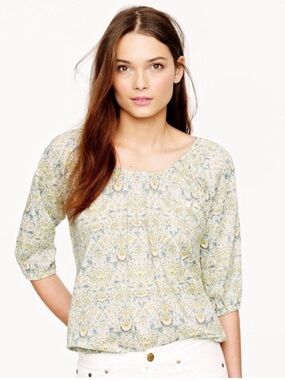J. Crew Liberty of London Lodden Paisley Peasant Top Medium Green Floral Print